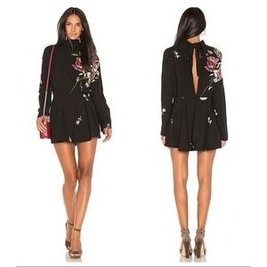 Free People Gemma Black Embroidered Floral Tie Open Back Tunic Mini Dress Sz M